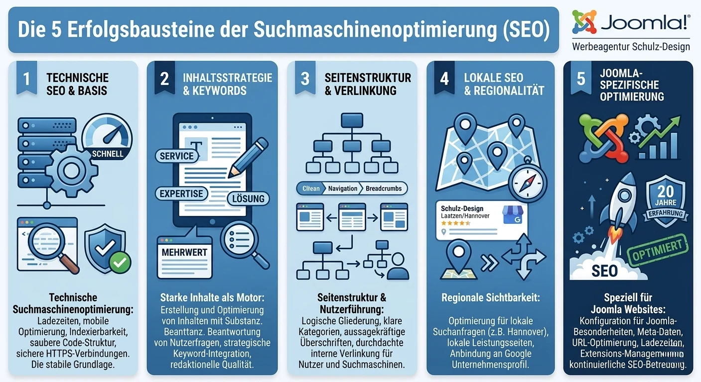 Die f&uuml;nf Erfolgsbausteine der professionellen Suchmaschinenoptimierung (SEO) f&uuml;r Joomla Websites, von der technischen Basis bis zur lokalen Sichtbarkeit.