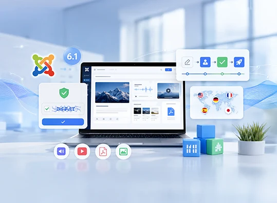 Joomla 6.1 Update mit neuem CAPTCHA Visual Workflow Editor Medienfeldern und besseren Funktionen f&uuml;r moderne Joomla Websites