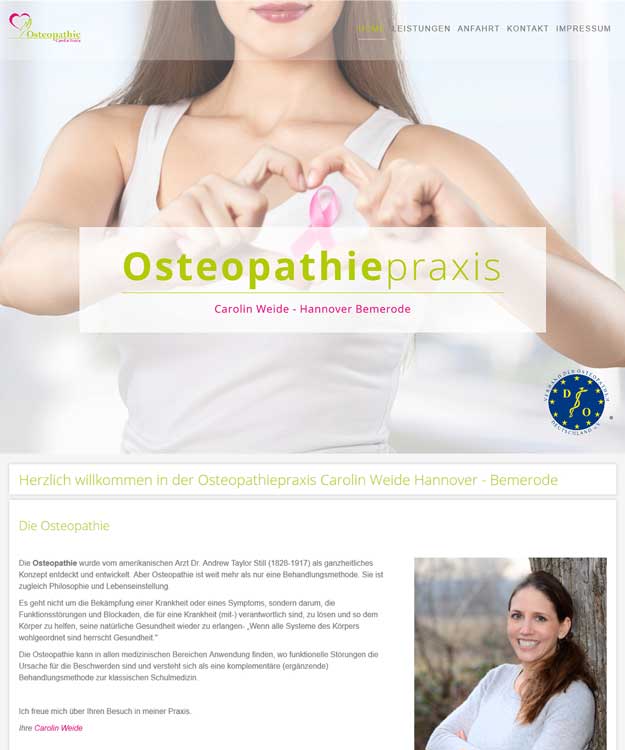 Werbeagentur Hannover - Existenzgründer Paket für Osteopathiepraxis Carolin Weide, Hannover Bemerode Logogestaltung, Visitenkarten, Flyer, Website, Banner, Paxisschild