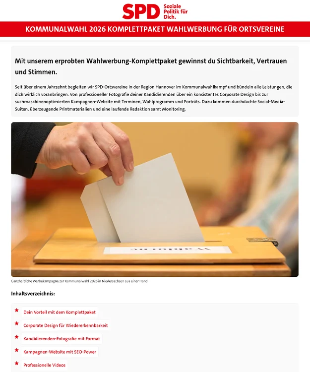 Neue suchmaschinenoptimierte Kampagnen Website f&uuml;r die Kommunalwahl 2026 in Niedersachsen f&uuml;r SPD Ortsvereine