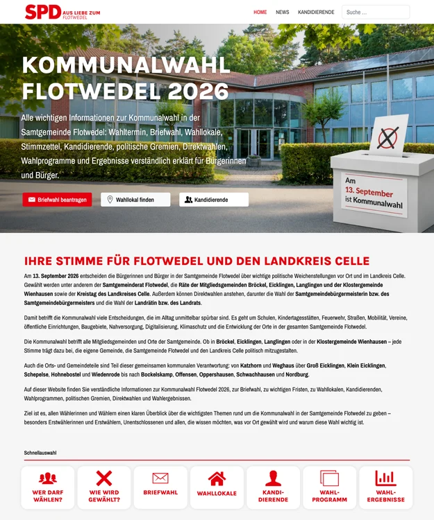 Joomla 6 Website zur Kommunalwahl Flotwedel 2026 mit Wahlinformationen Kandidierenden aktuellen Nachrichten Terminen und FAQ