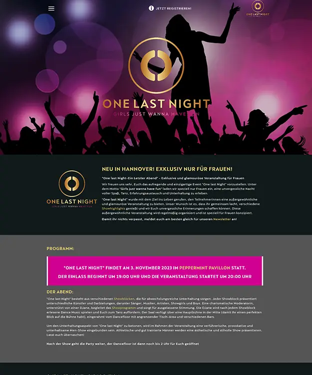 Die digitale Schnittstelle von "One Last Night": Ein Screenshot der elegant gestalteten Website, die das Flair der Veranstaltung einf&auml;ngt. Feine Farbpaletten und intuitive Navigation zeigen die Expertise von Werbeagentur Schulz-Design in Hannover.