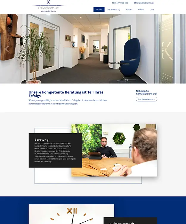 Screenshot der neuen Website von Steuerberater Marc Andr&eacute; Karney, gestaltet durch die Werbeagentur Schulz-Design, zeigt modernes Webdesign.
